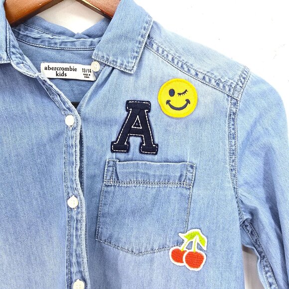 abercrombie Kids Chambray Long Sleeve Rainbow Cherry Patch Button Front Shirt 13 - Picture 3 of 6